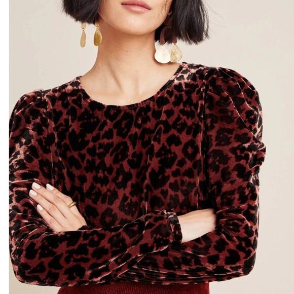 Dolan Left Coast Charley Top Womens Small Copper Leopard Puff Sleeves Velour - Picture 1 of 9